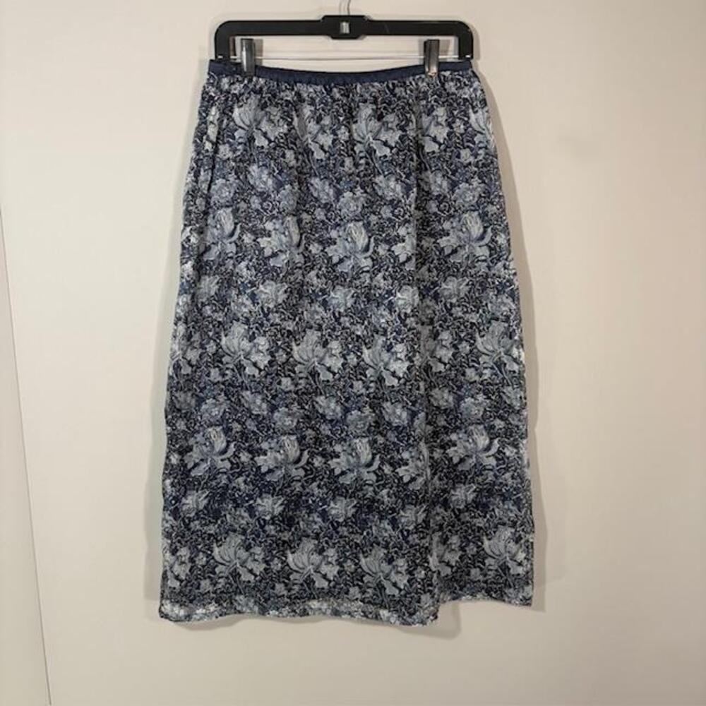 Peruvian Connection Skirt Womens 14 Blue Floral Silk Linen Chiffon Midi Pull On